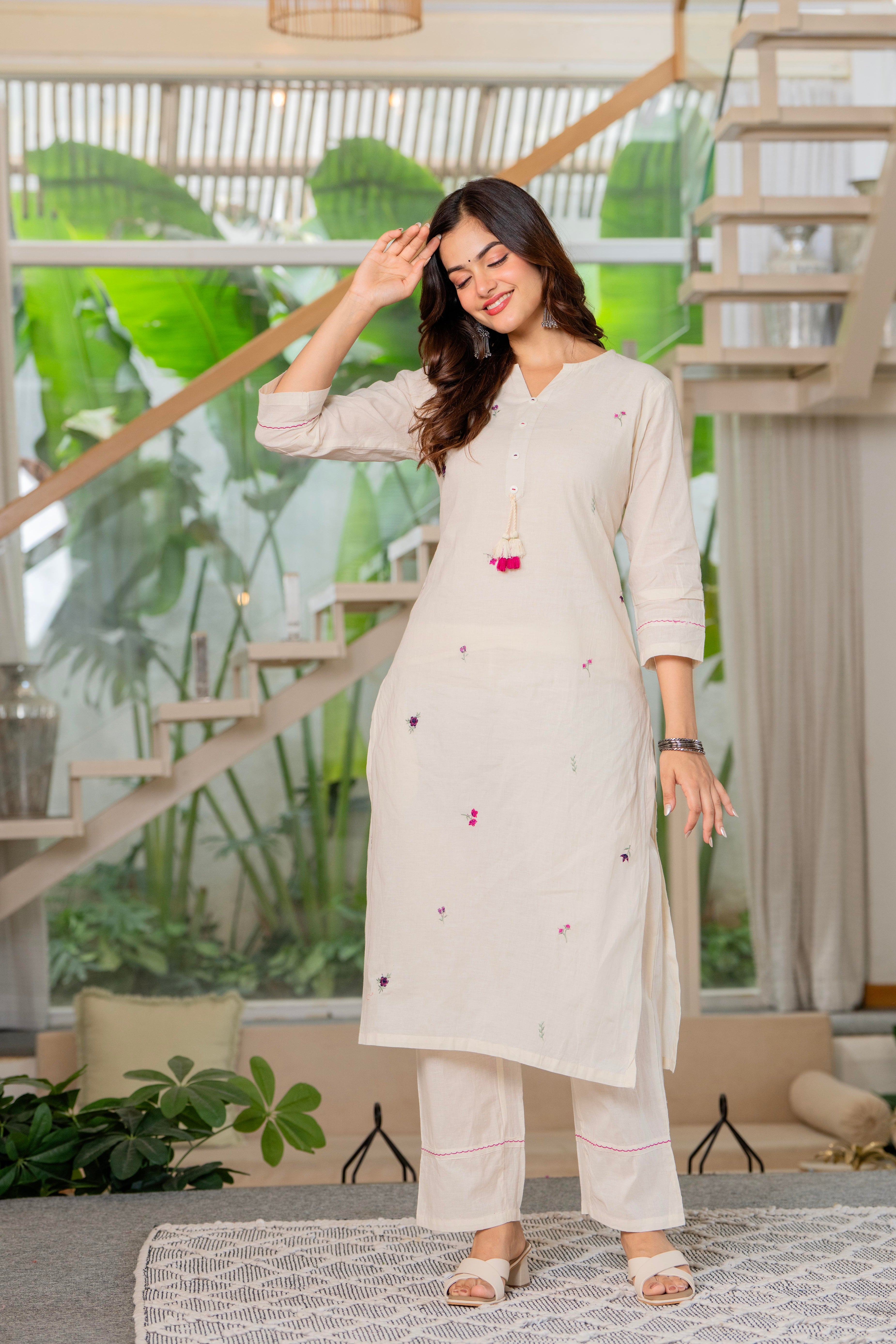 Off White Embroidered Cotton Kurta and Pant Set