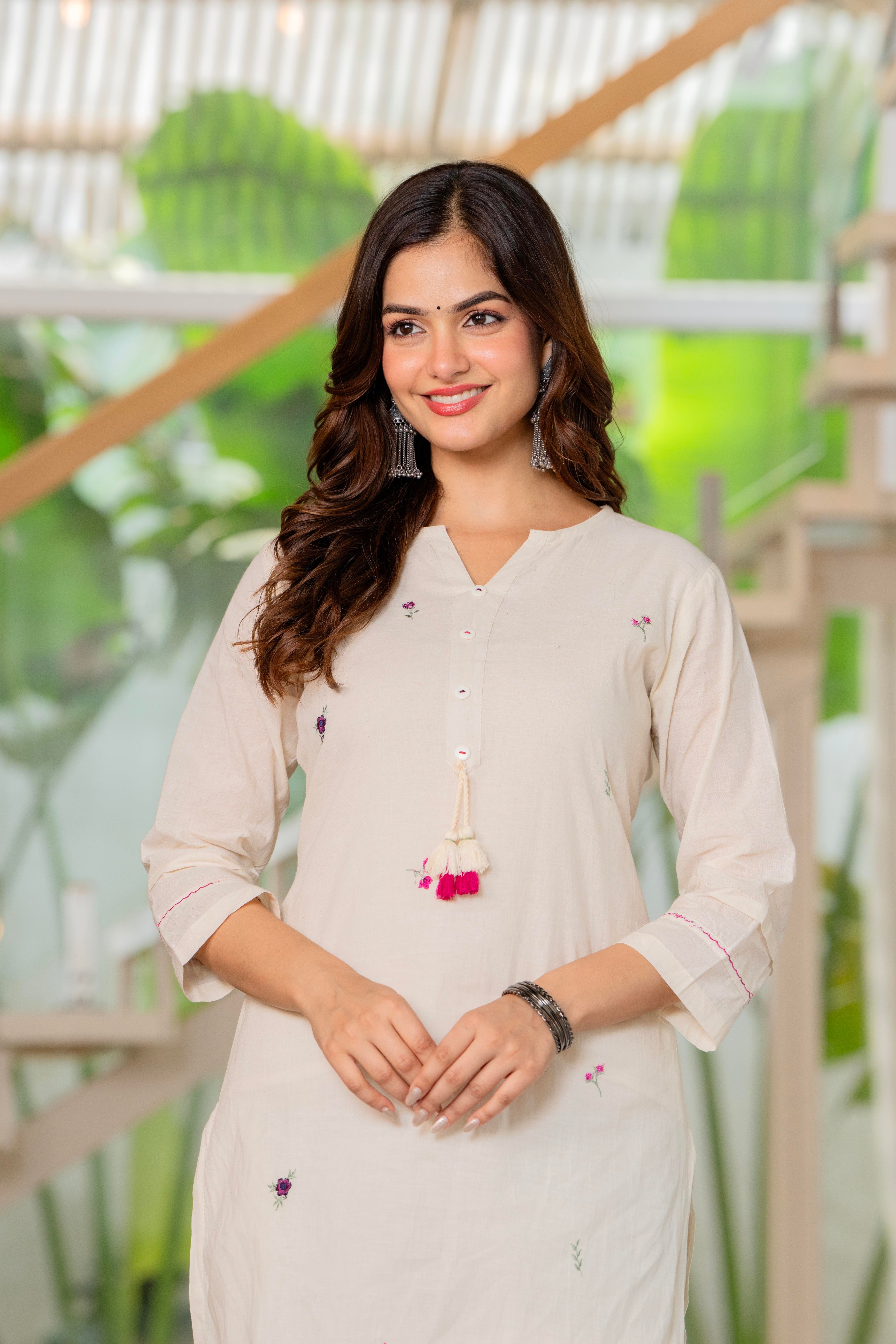 Off White Embroidered Cotton Kurta and Pant Set