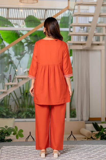 Rust Orange Embroidered Cotton Co-Ord Set (Copy)