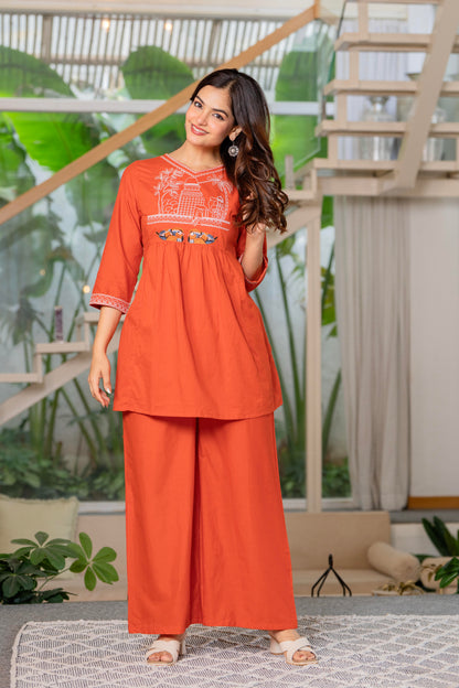 Rust Orange Embroidered Cotton Co-Ord Set (Copy)