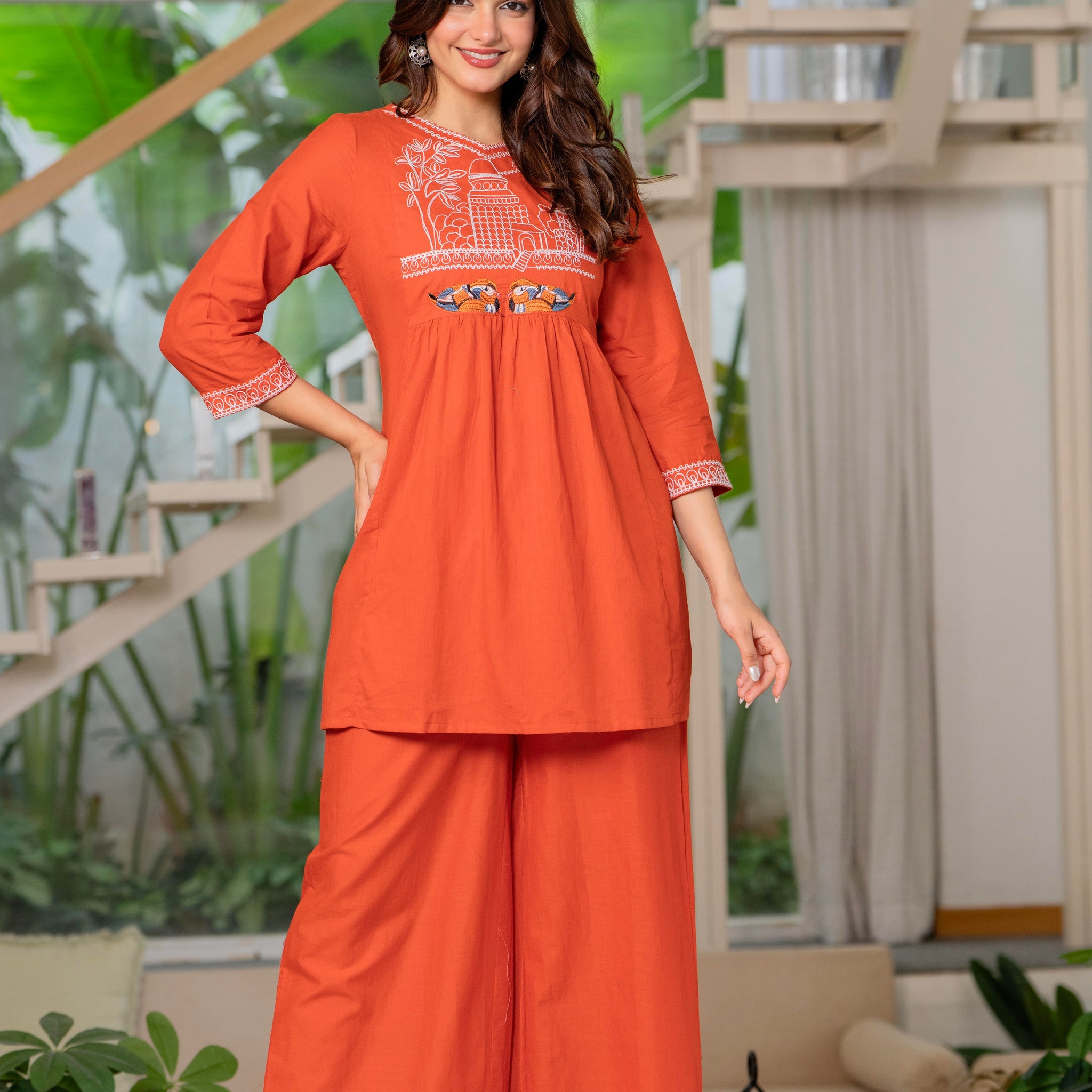 Rust Orange Embroidered Cotton Co-Ord Set