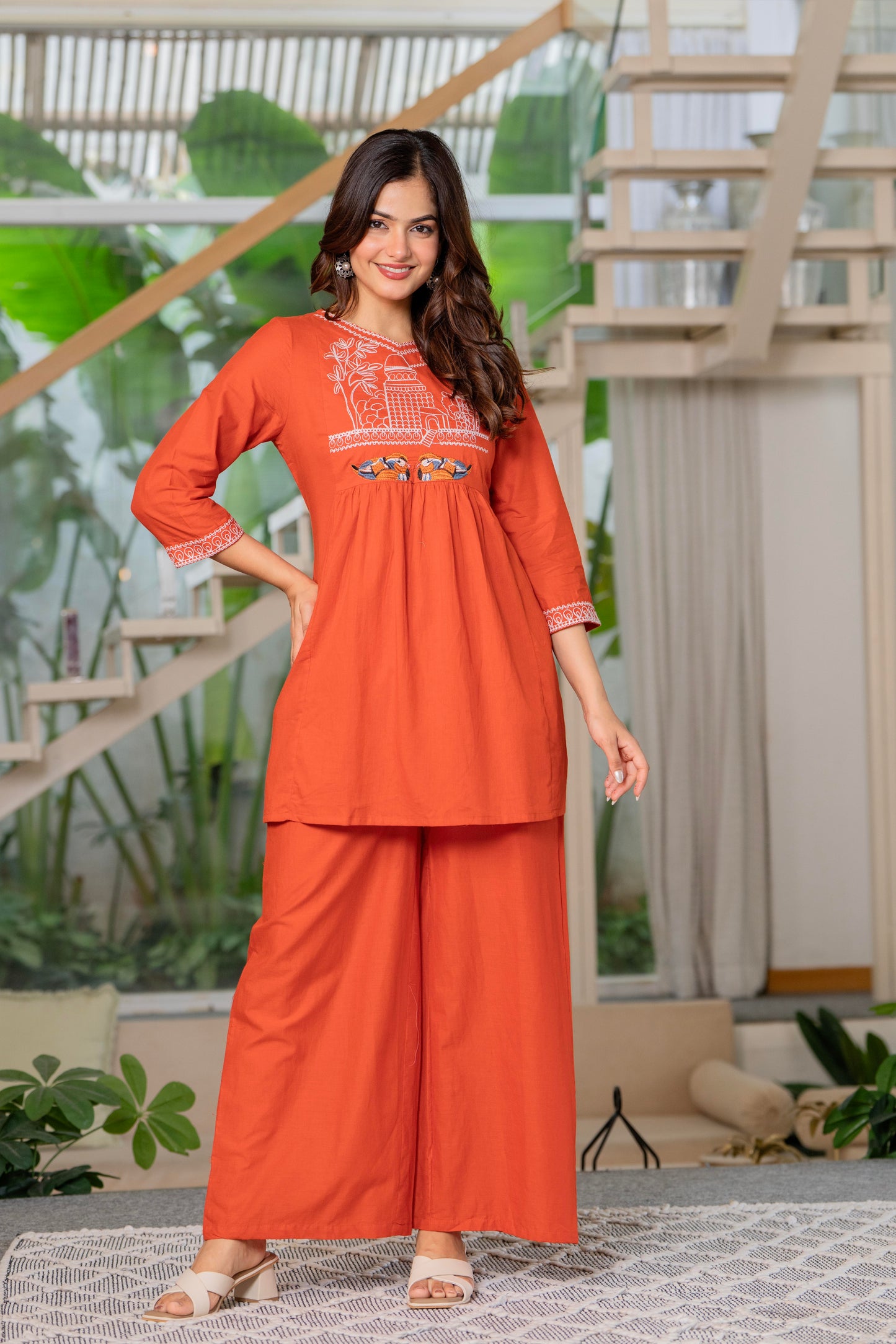 Rust Orange Embroidered Cotton Co-Ord Set (Copy)