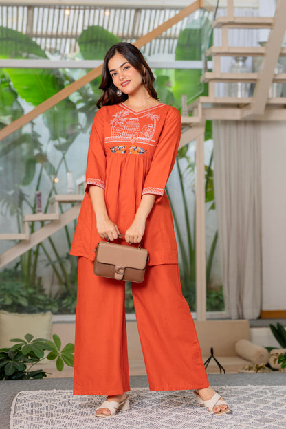 Rust Orange Embroidered Cotton Co-Ord Set (Copy)