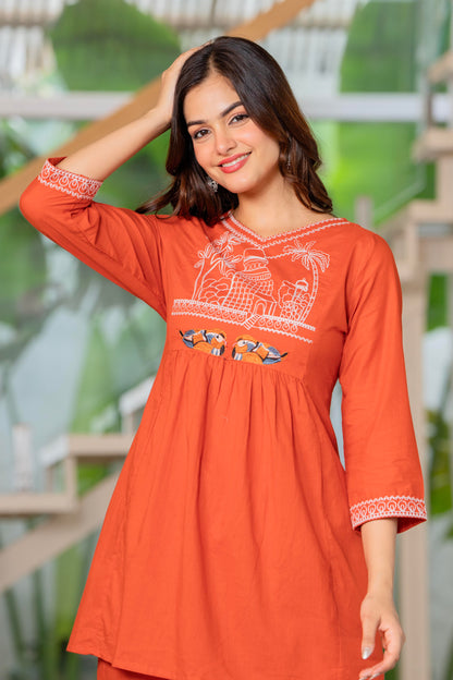 Rust Orange Embroidered Cotton Co-Ord Set (Copy)