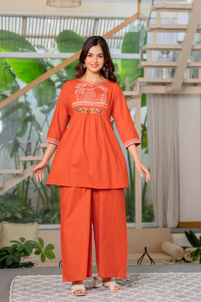 Rust Orange Embroidered Cotton Co-Ord Set (Copy)