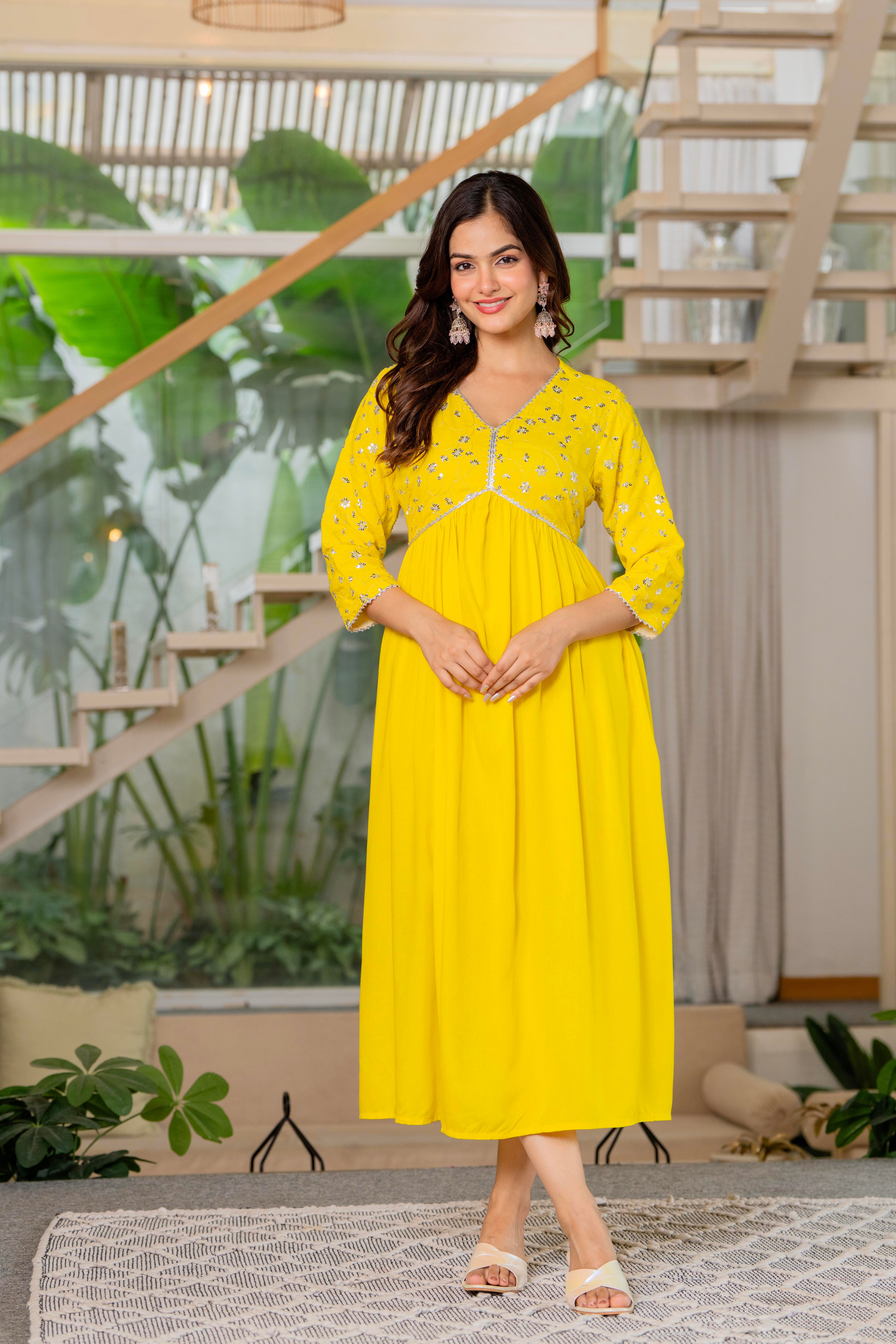 Mustard Yellow Sequence Embroidered Rayon Anarkali Gown