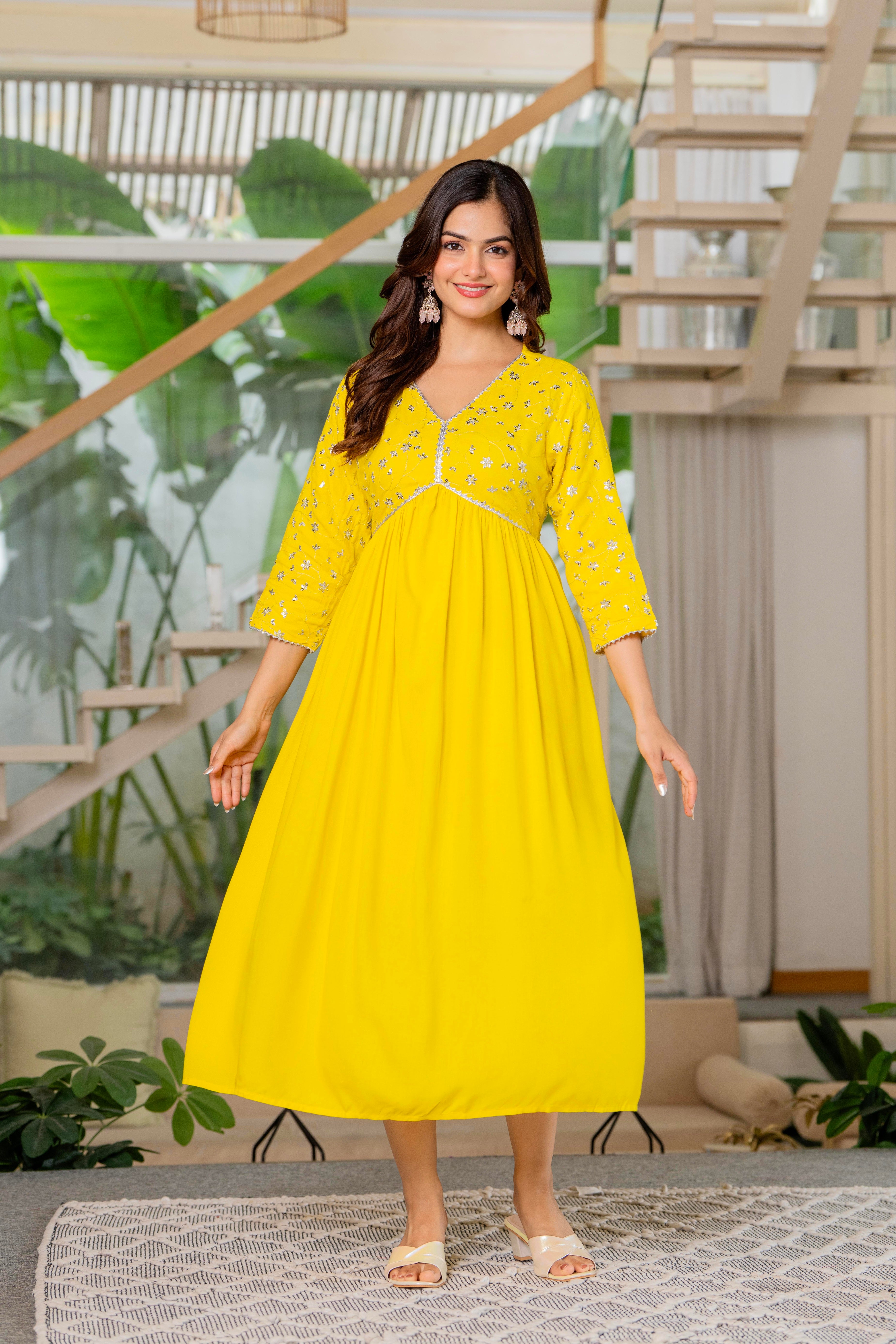 Mustard Yellow Sequence Embroidered Rayon Anarkali Gown