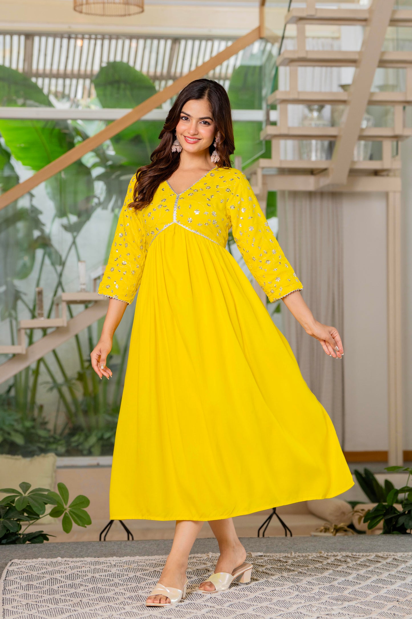Mustard Yellow Sequence Embroidered Rayon Anarkali Gown