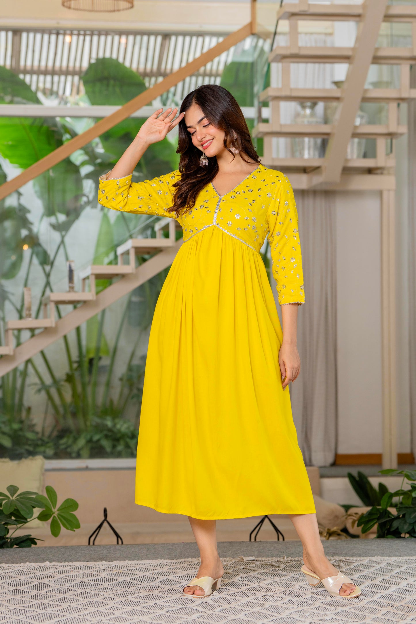 Mustard Yellow Sequence Embroidered Rayon Anarkali Gown