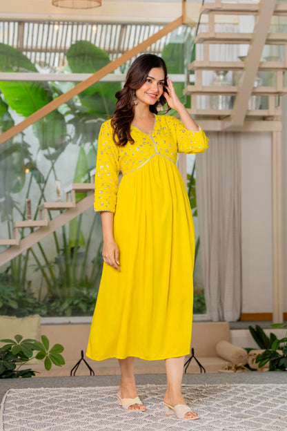 Mustard Yellow Sequence Embroidered Rayon Anarkali Gown