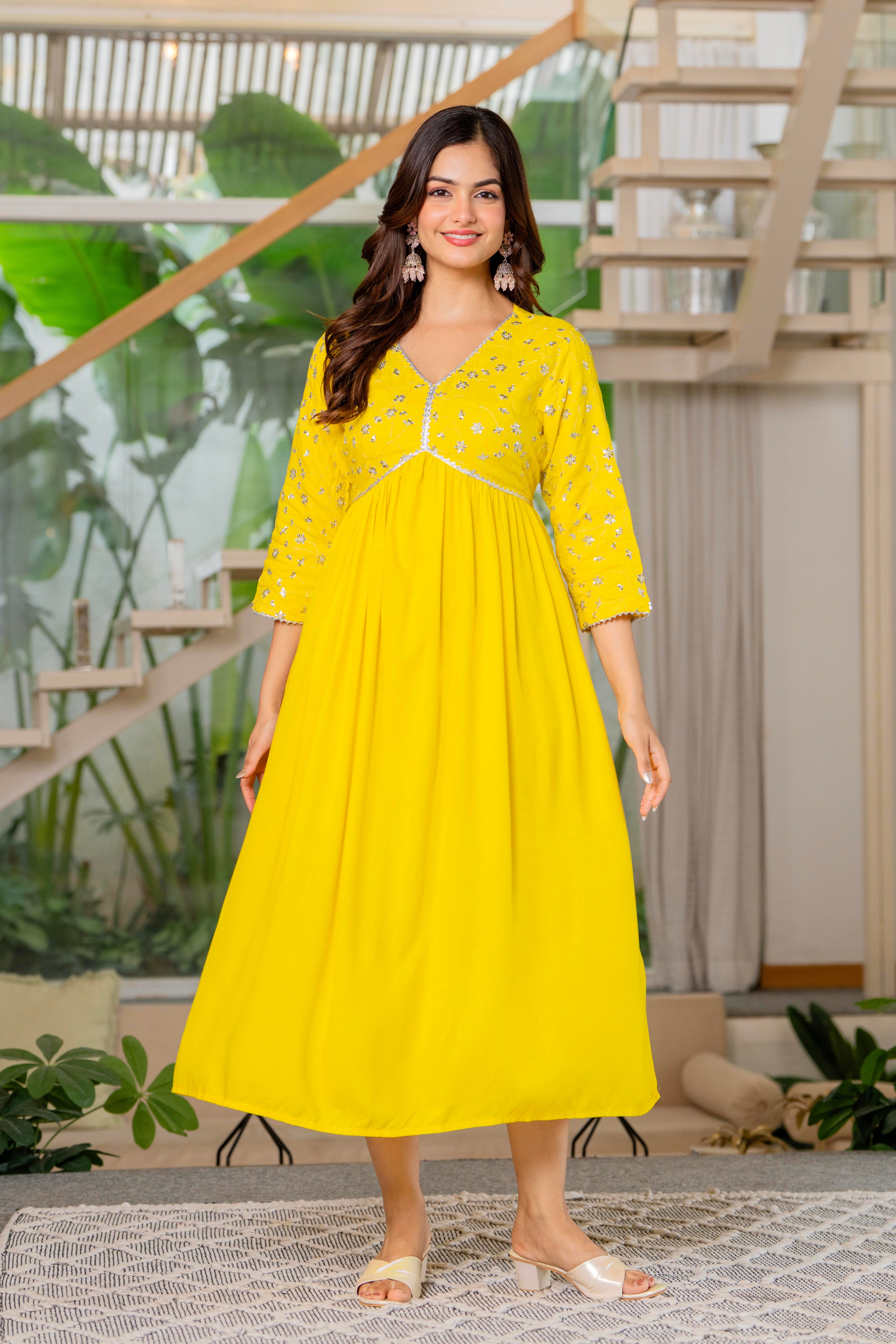 Mustard Yellow Sequence Embroidered Rayon Anarkali Gown