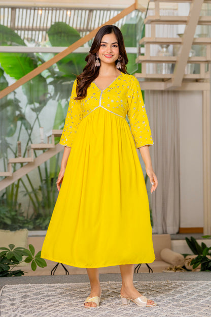 Mustard Yellow Sequence Embroidered Rayon Anarkali Gown