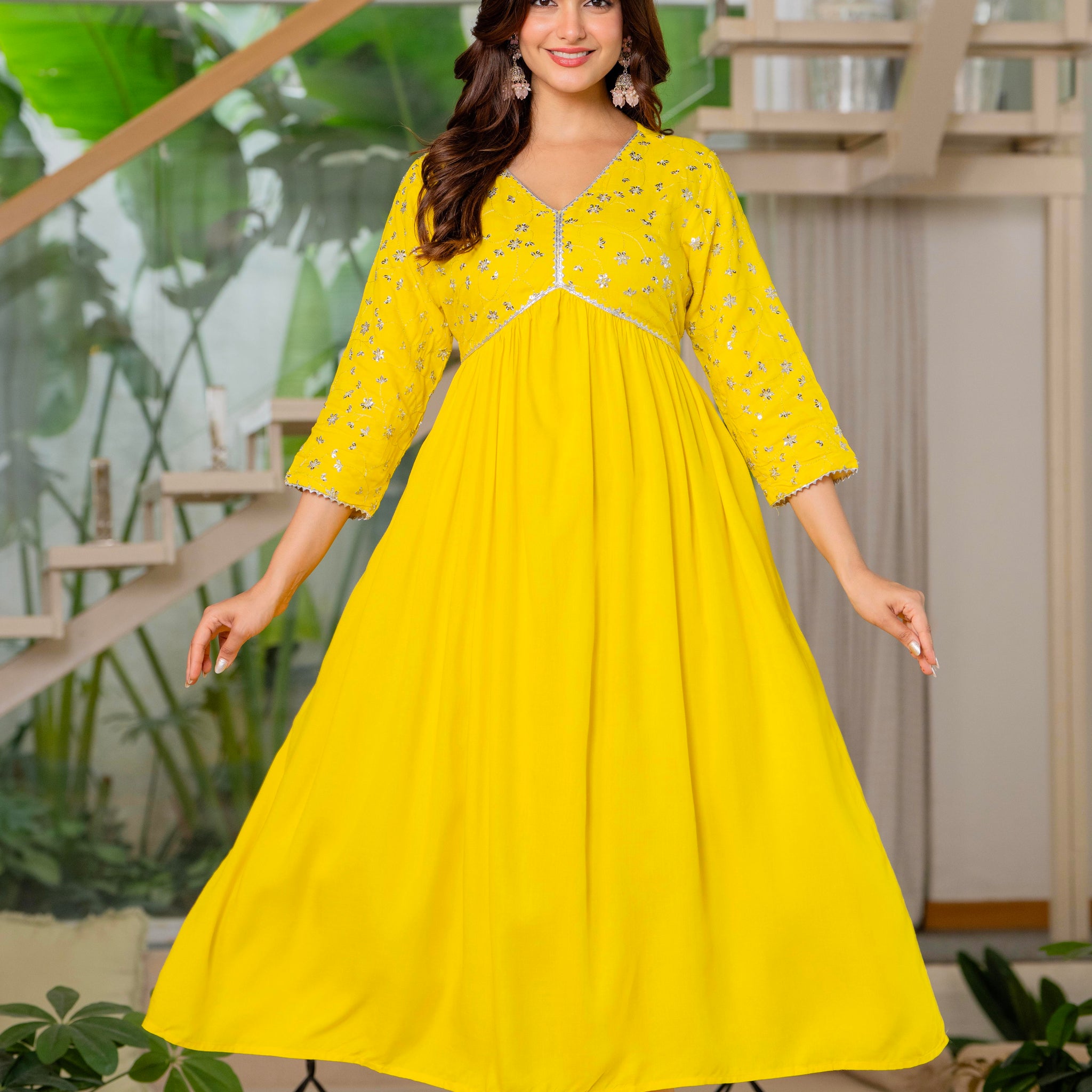 Mustard Yellow Sequence Embroidered Rayon Anarkali Gown