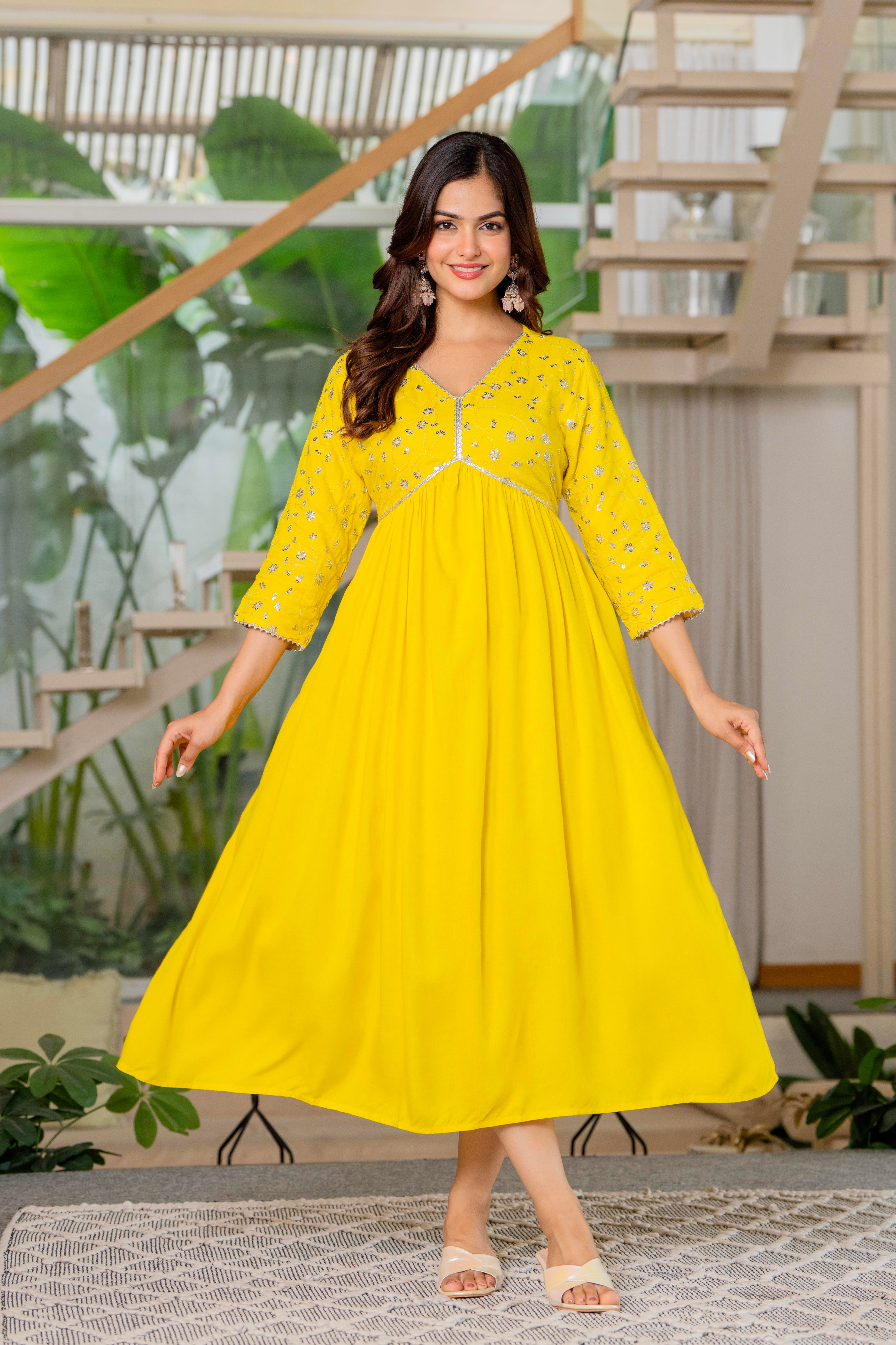 Mustard Yellow Sequence Embroidered Rayon Anarkali Gown