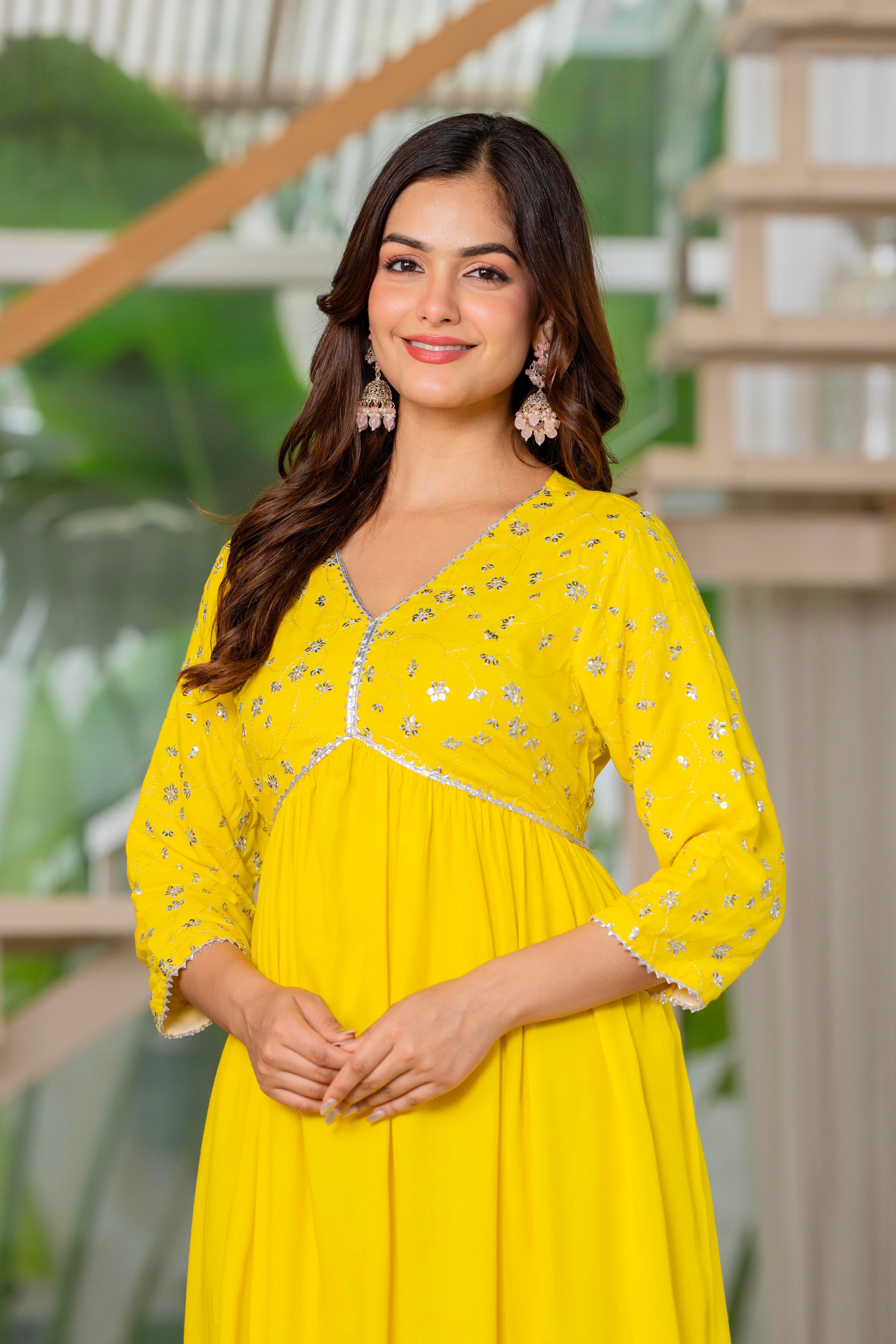 Mustard Yellow Sequence Embroidered Rayon Anarkali Gown