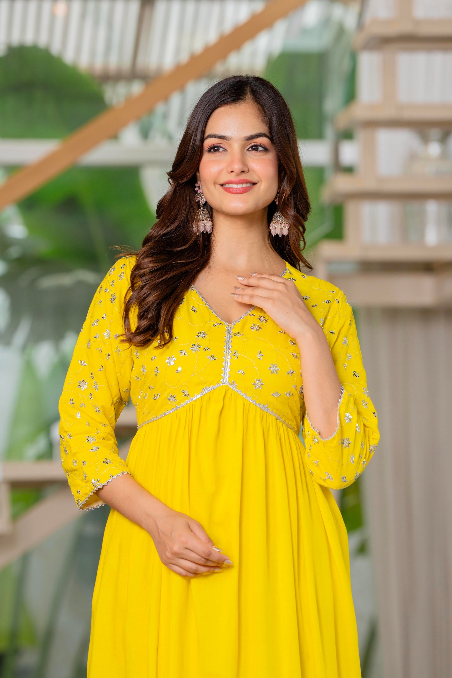 Mustard Yellow Sequence Embroidered Rayon Anarkali Gown