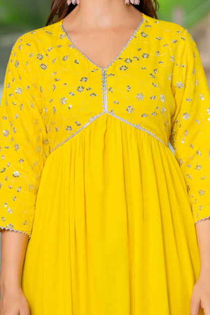 Mustard Yellow Sequence Embroidered Rayon Anarkali Gown