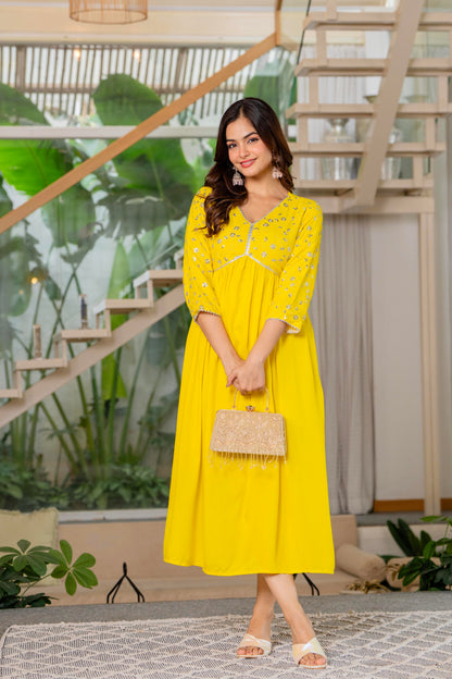 Mustard Yellow Sequence Embroidered Rayon Anarkali Gown