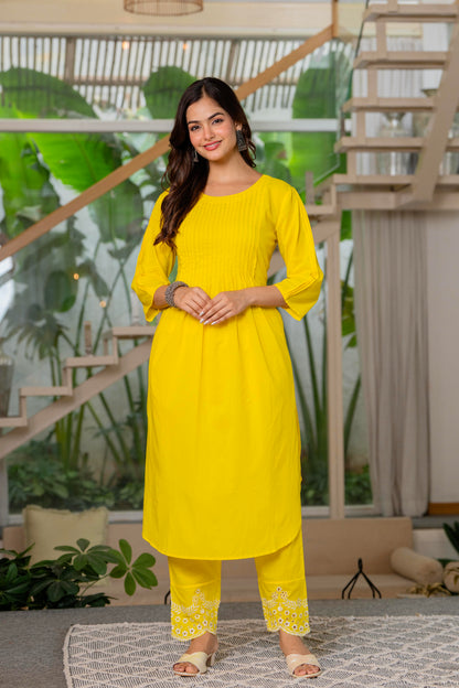 Lemon Yellow Embroidered Cotton Kurta and Pant Set with Dupatta