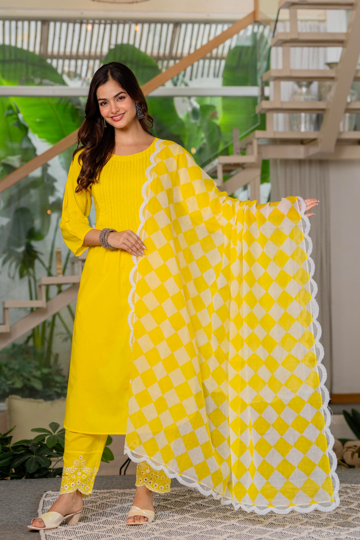 Lemon Yellow Embroidered Cotton Kurta and Pant Set with Dupatta