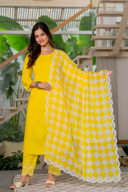 Lemon Yellow Embroidered Cotton Kurta and Pant Set with Dupatta