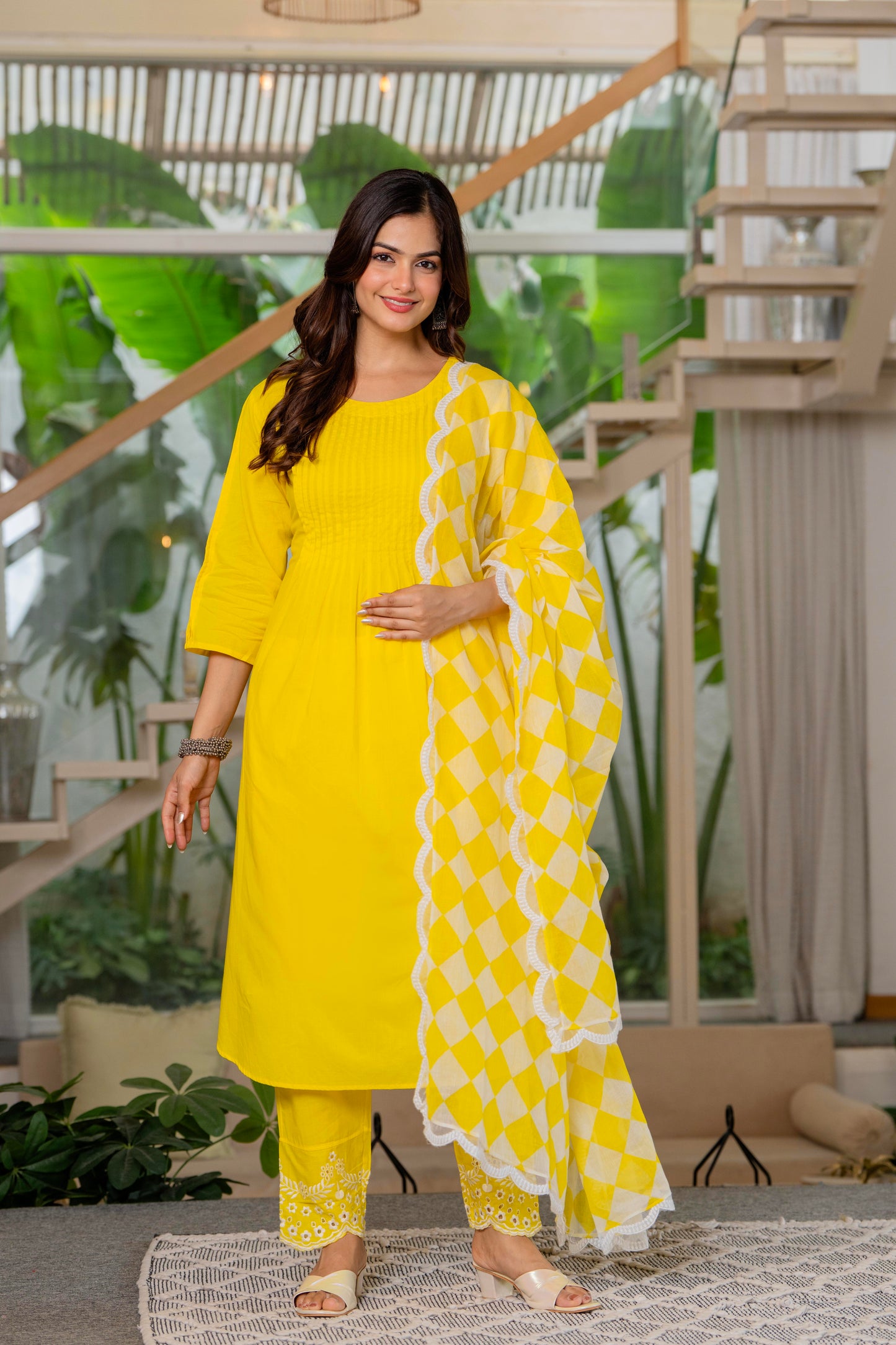 Lemon Yellow Embroidered Cotton Kurta and Pant Set with Dupatta