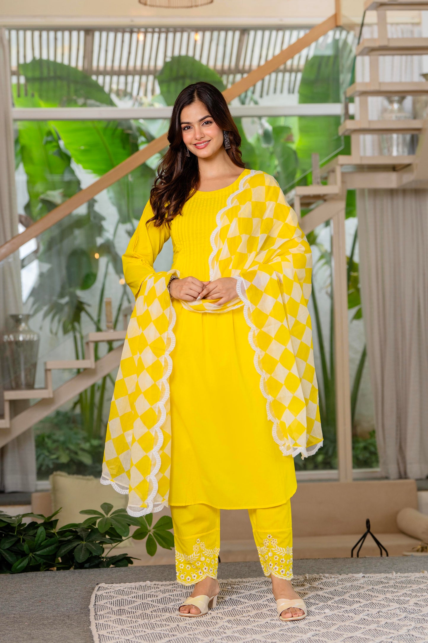 Lemon Yellow Embroidered Cotton Kurta and Pant Set with Dupatta