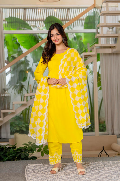 Lemon Yellow Embroidered Cotton Kurta and Pant Set with Dupatta