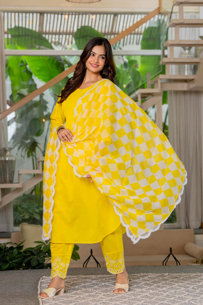 Lemon Yellow Embroidered Cotton Kurta and Pant Set with Dupatta