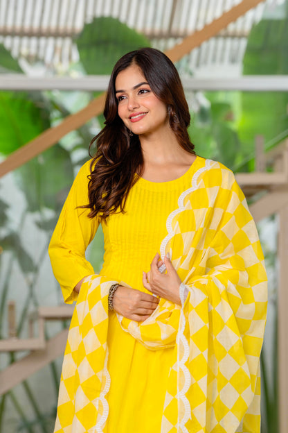 Lemon Yellow Embroidered Cotton Kurta and Pant Set with Dupatta
