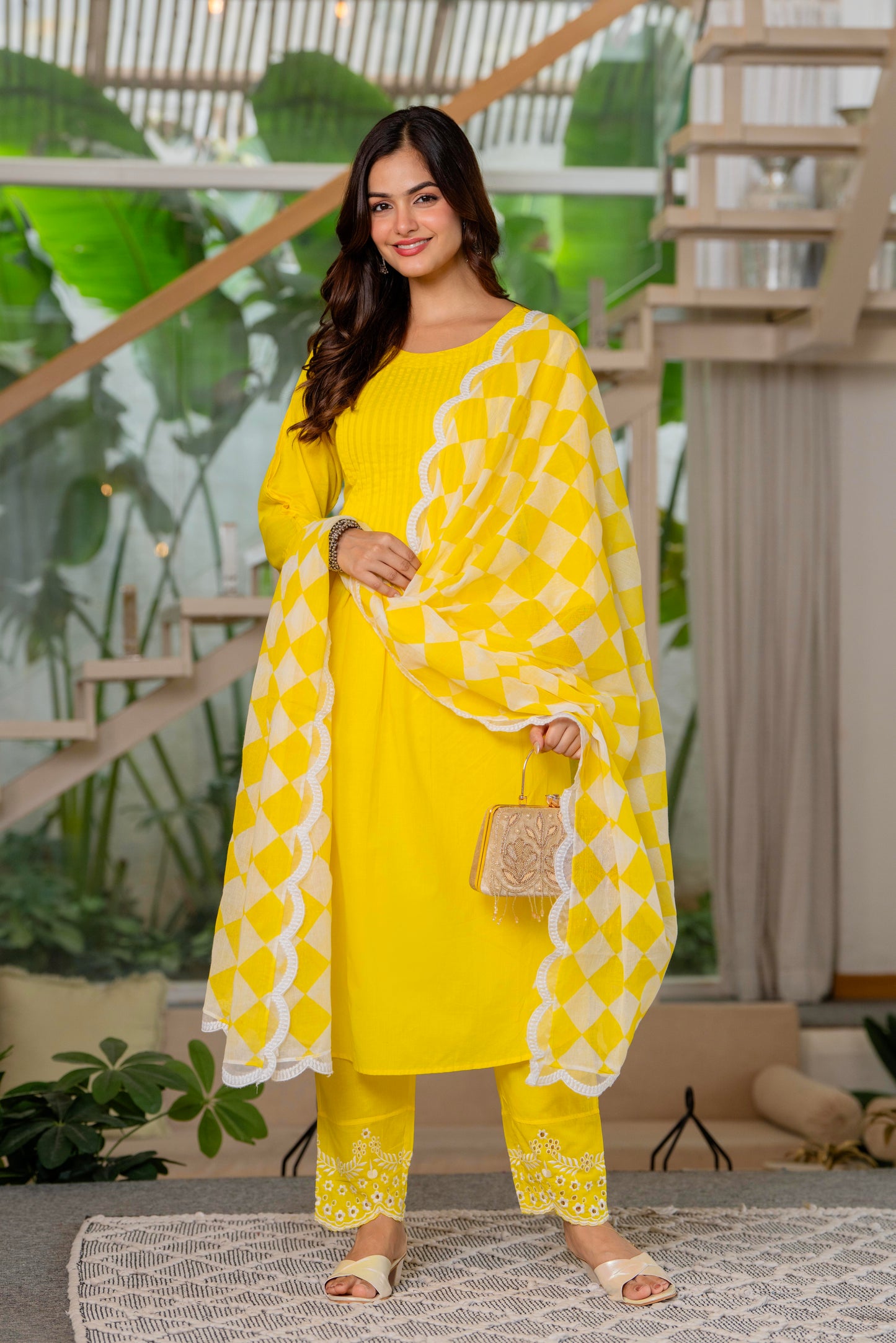 Lemon Yellow Embroidered Cotton Kurta and Pant Set with Dupatta