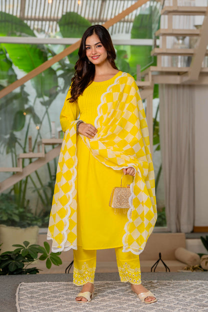 Lemon Yellow Embroidered Cotton Kurta and Pant Set with Dupatta