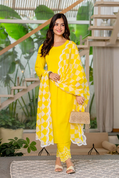 Lemon Yellow Embroidered Cotton Kurta and Pant Set with Dupatta