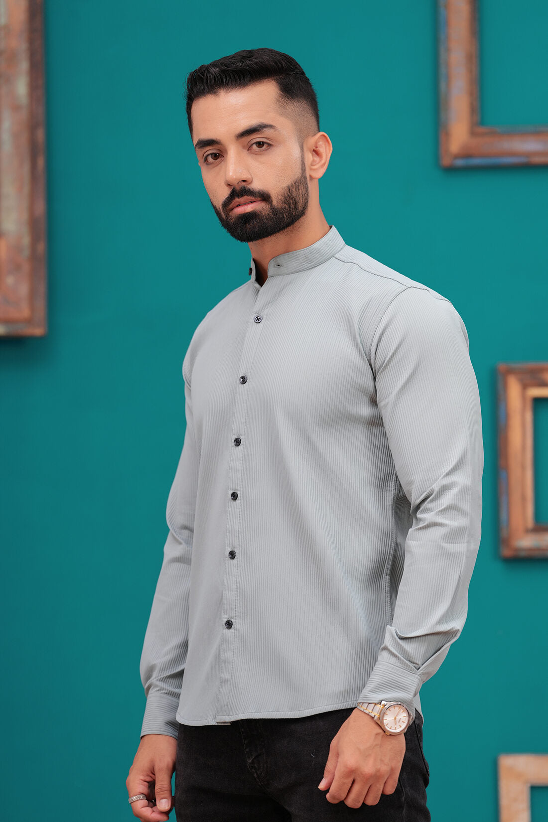 FRENCH GREY TEXTURED STRIPES CASUAL SHIRT