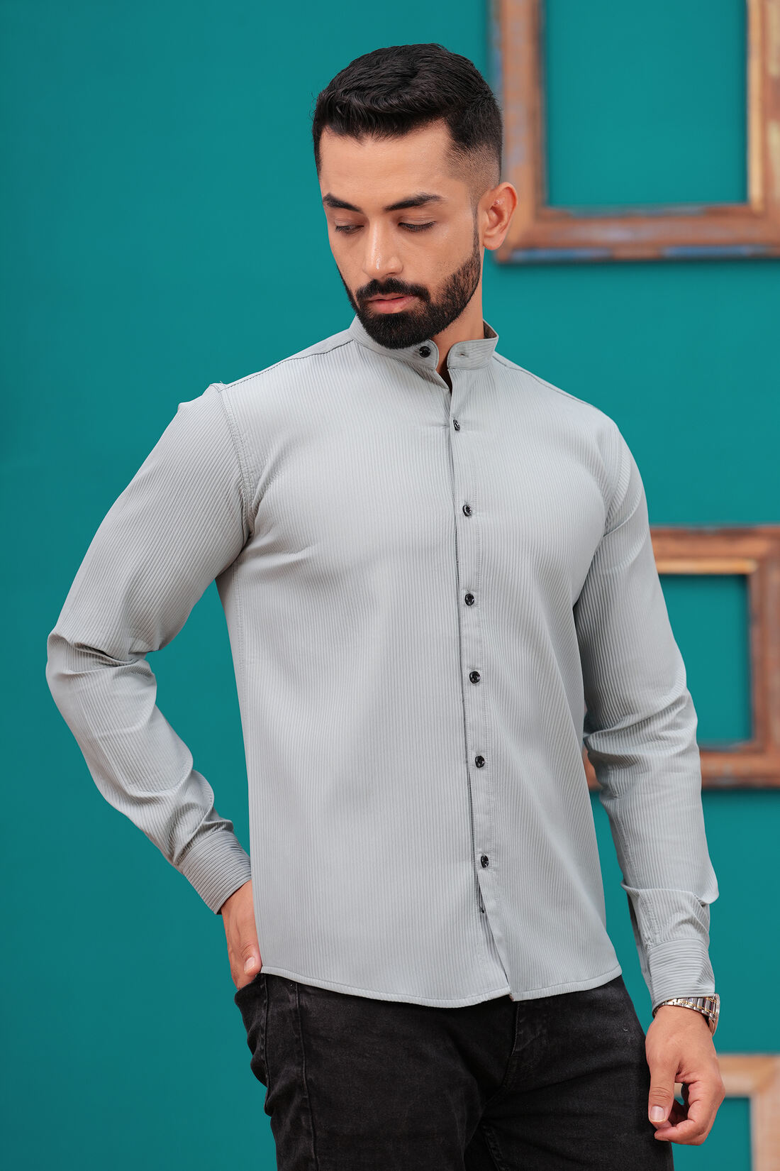 FRENCH GREY TEXTURED STRIPES CASUAL SHIRT