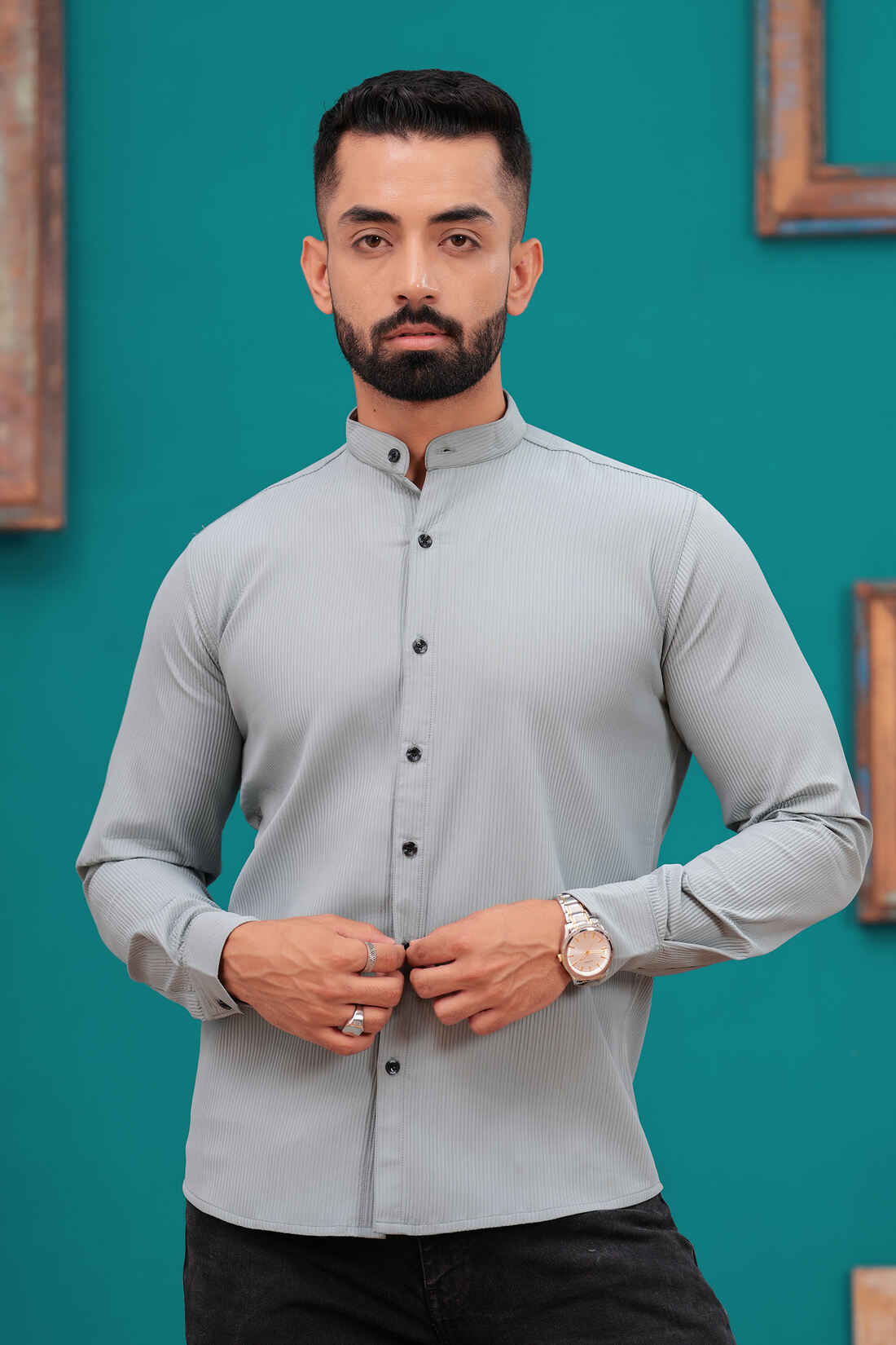 FRENCH GREY TEXTURED STRIPES CASUAL SHIRT