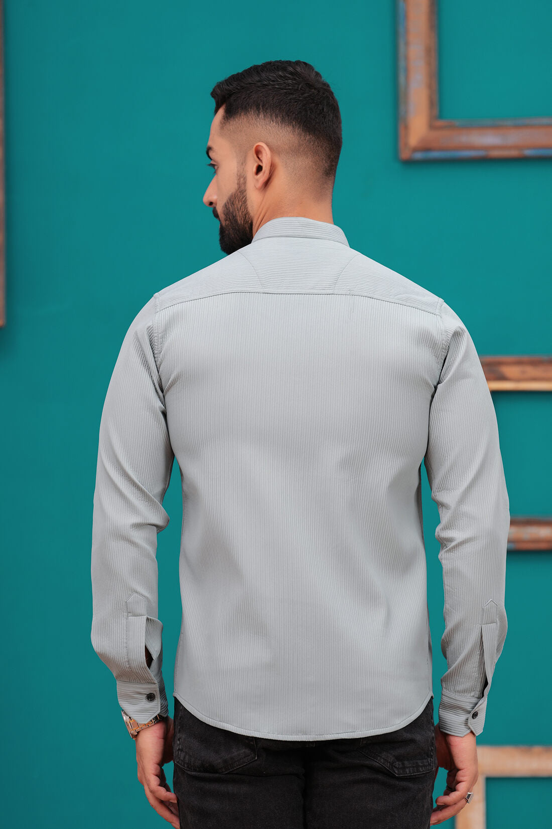 FRENCH GREY TEXTURED STRIPES CASUAL SHIRT