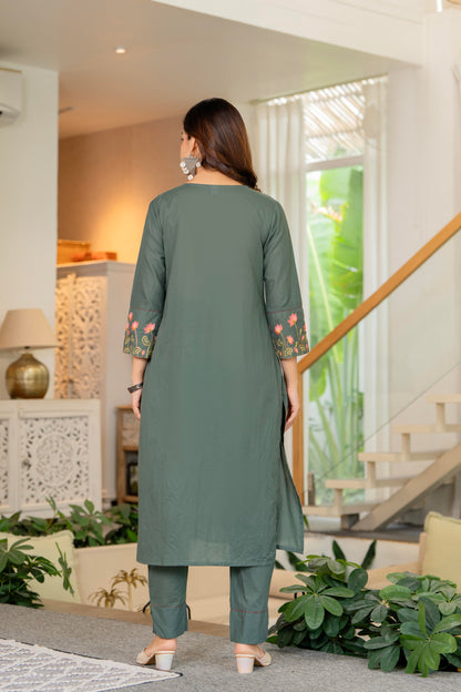 Green Embroidered Cotton Kurta and Pant Set