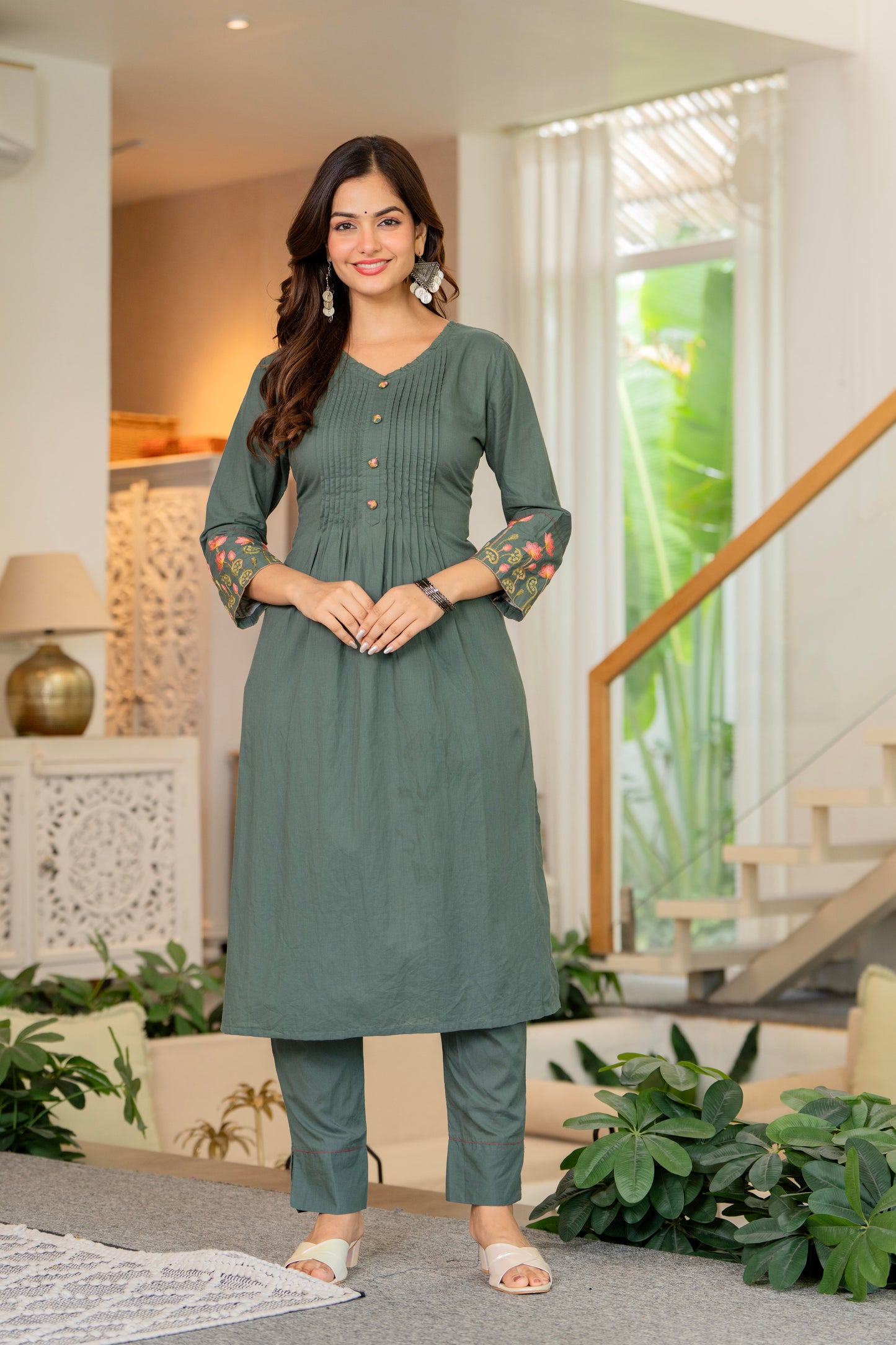 Green Embroidered Cotton Kurta and Pant Set