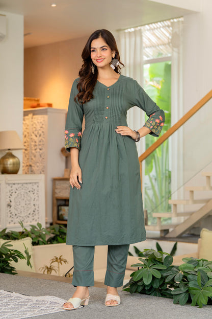 Green Embroidered Cotton Kurta and Pant Set
