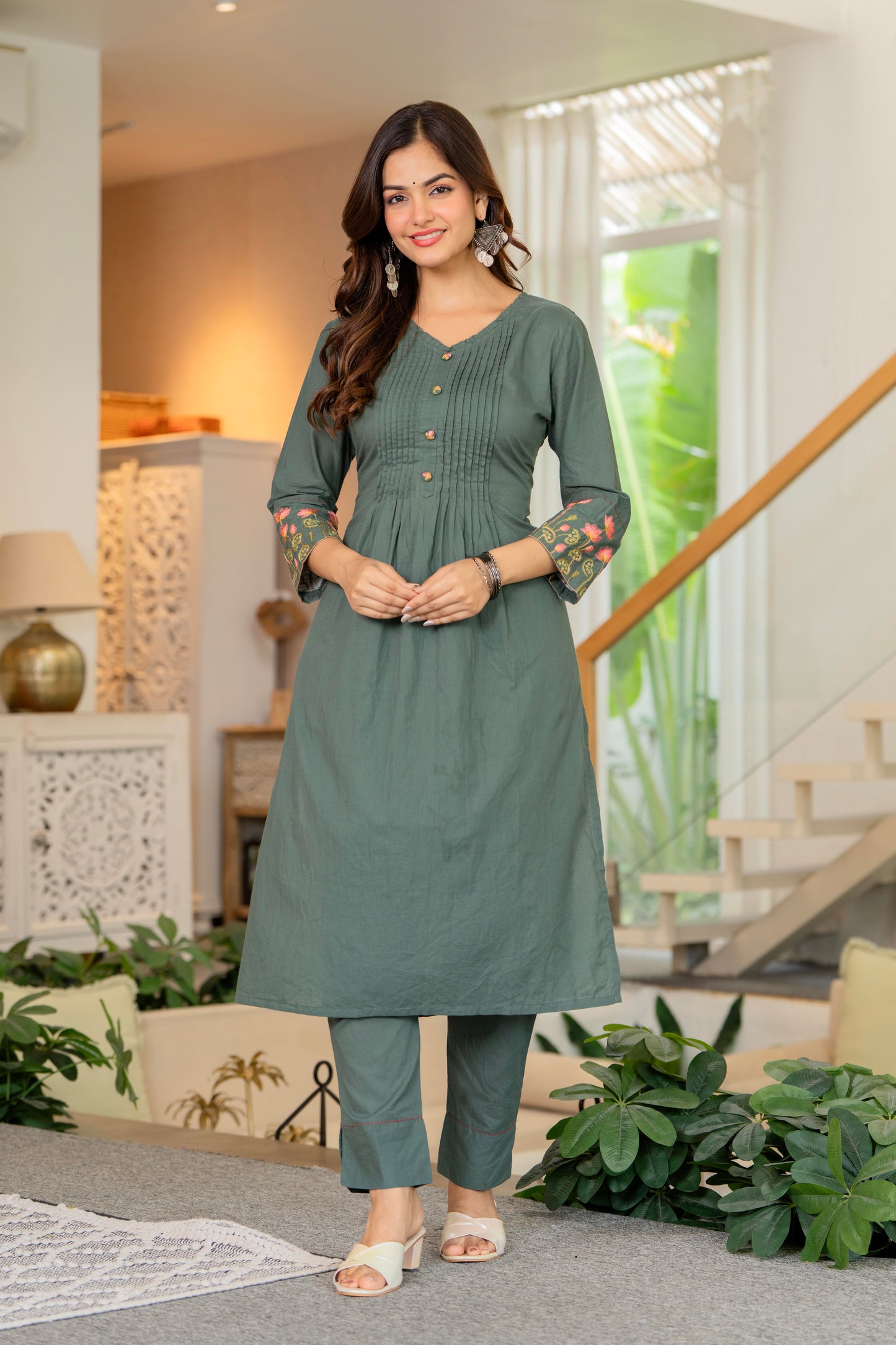 Green Embroidered Cotton Kurta and Pant Set