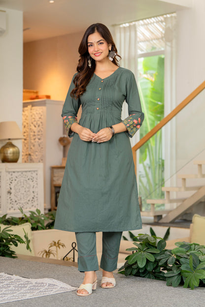 Green Embroidered Cotton Kurta and Pant Set