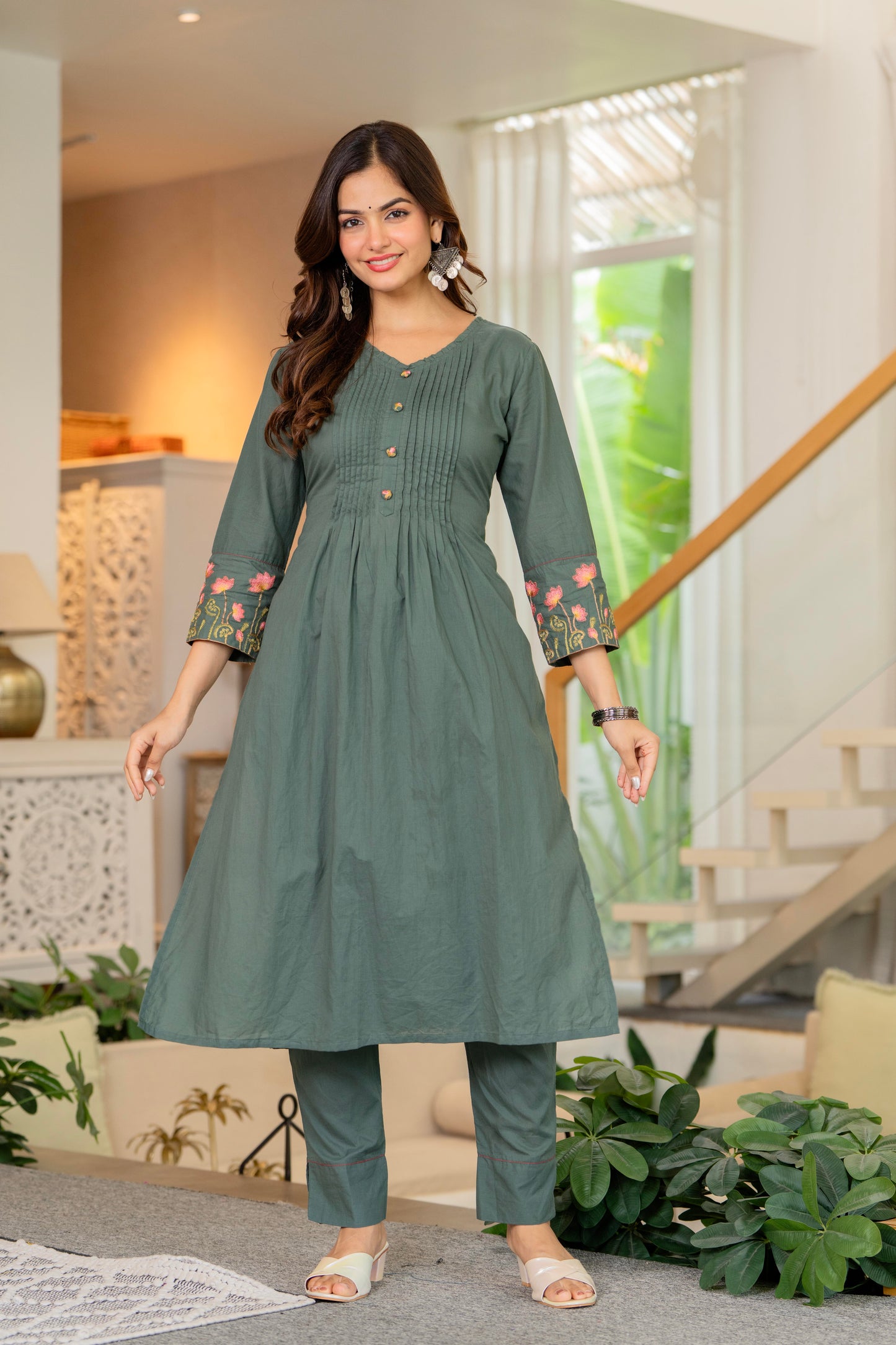 Green Embroidered Cotton Kurta and Pant Set
