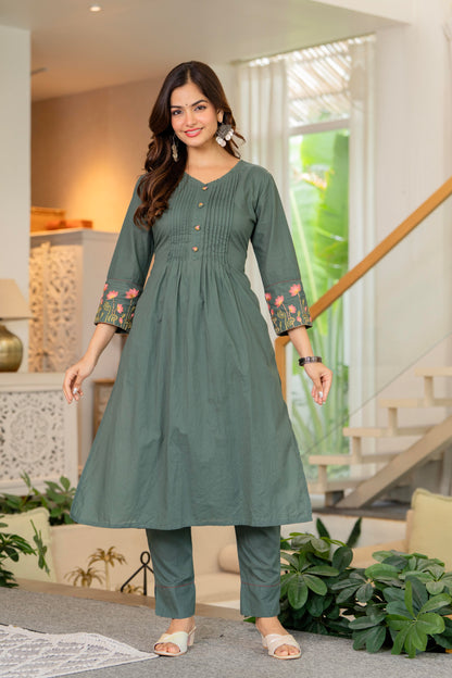 Green Embroidered Cotton Kurta and Pant Set