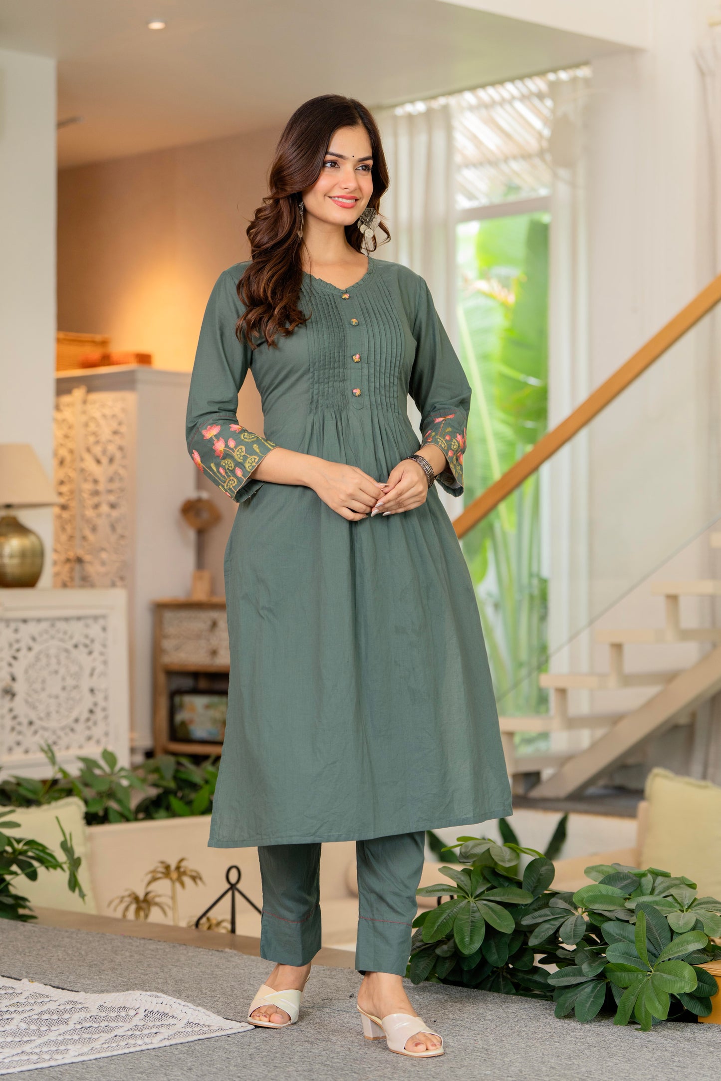 Green Embroidered Cotton Kurta and Pant Set