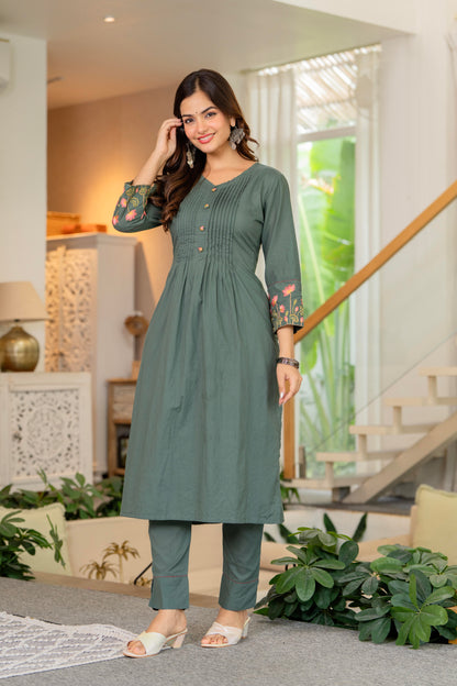Green Embroidered Cotton Kurta and Pant Set