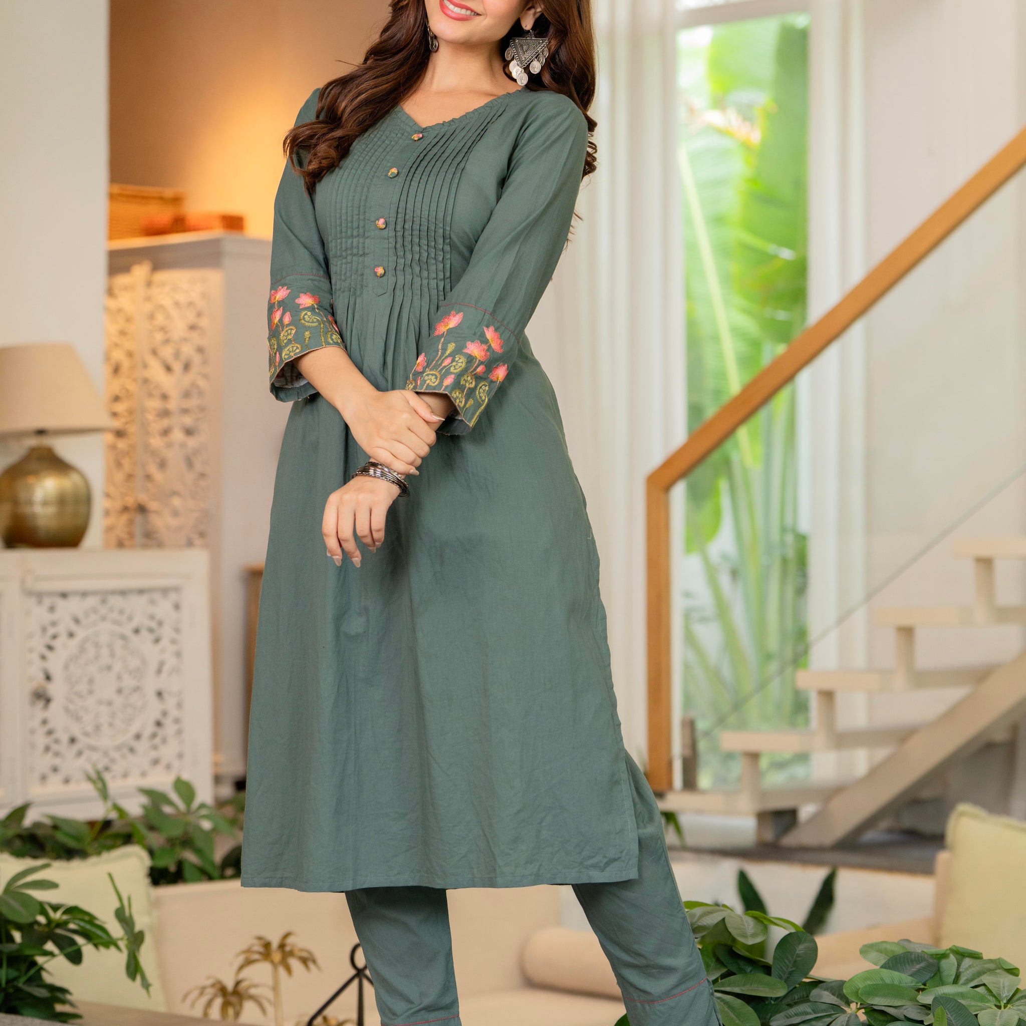 Green Embroidered Cotton Kurta and Pant Set