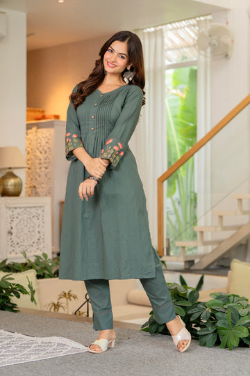 Green Embroidered Cotton Kurta and Pant Set