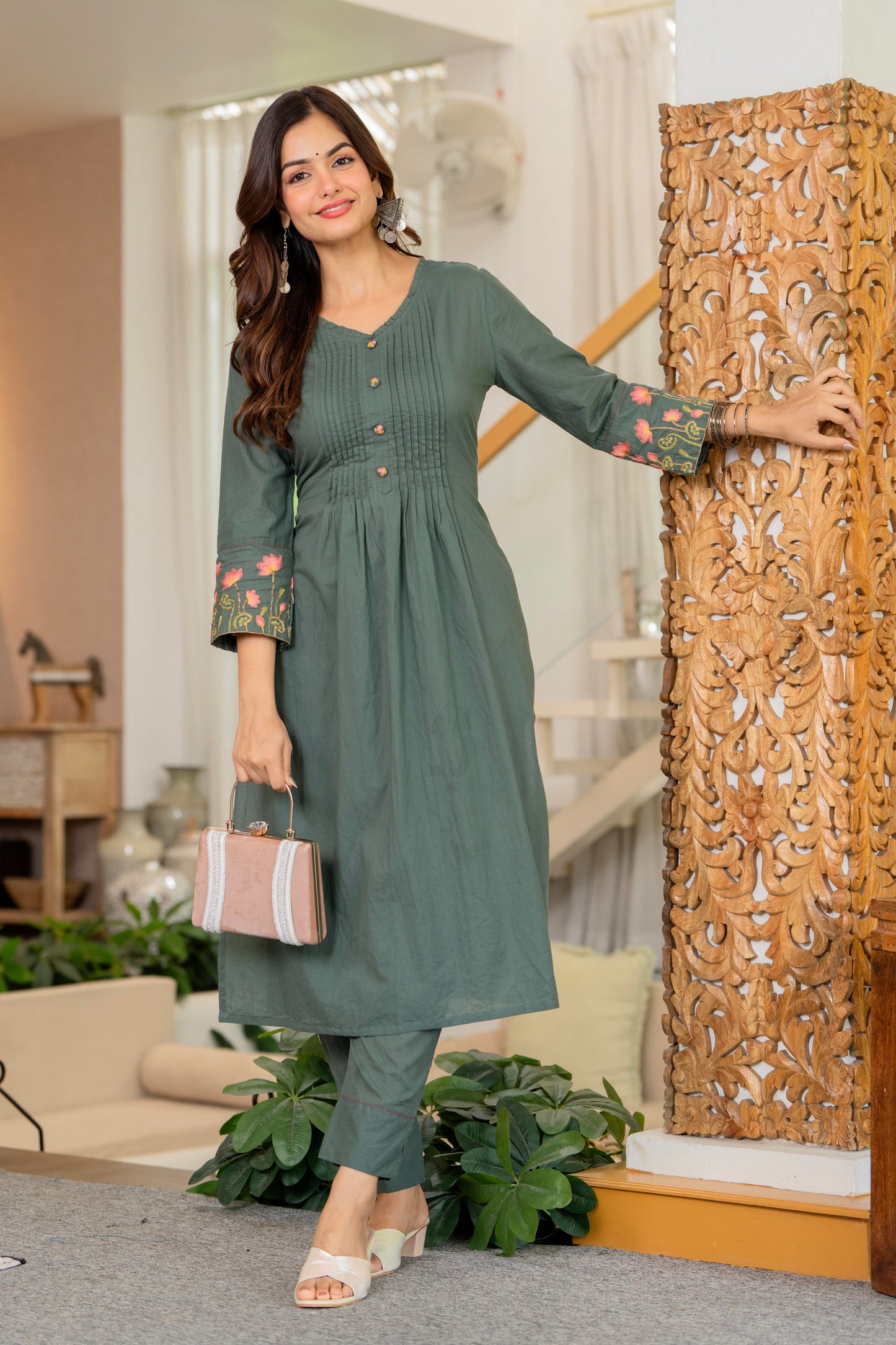 Green Embroidered Cotton Kurta and Pant Set