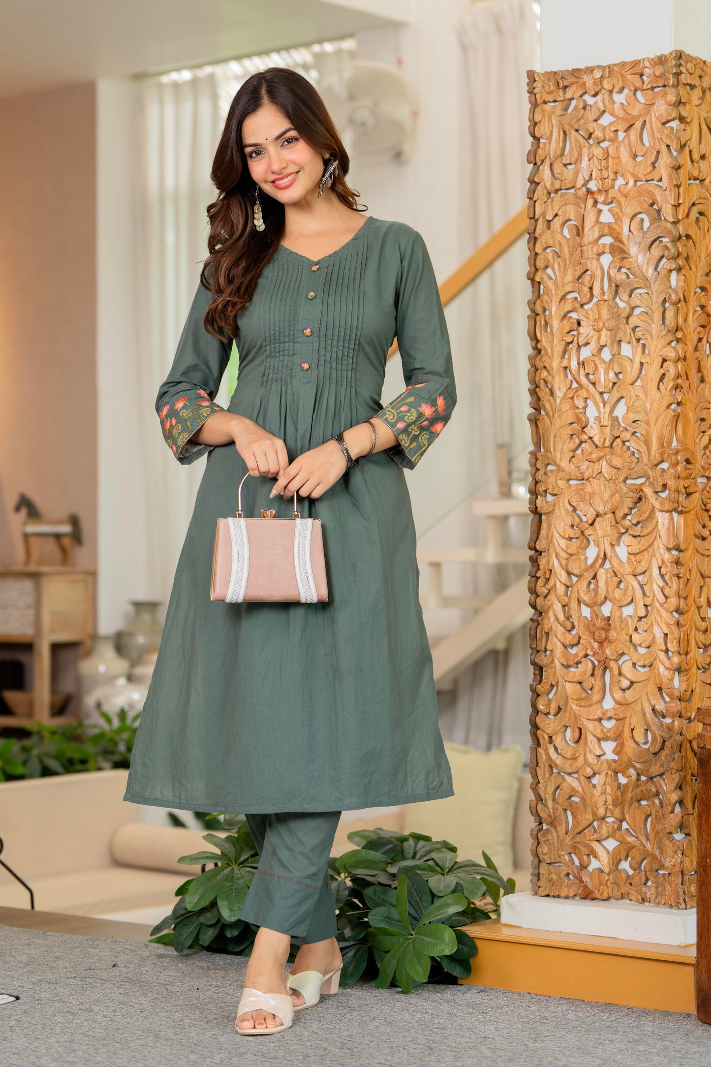 Green Embroidered Cotton Kurta and Pant Set